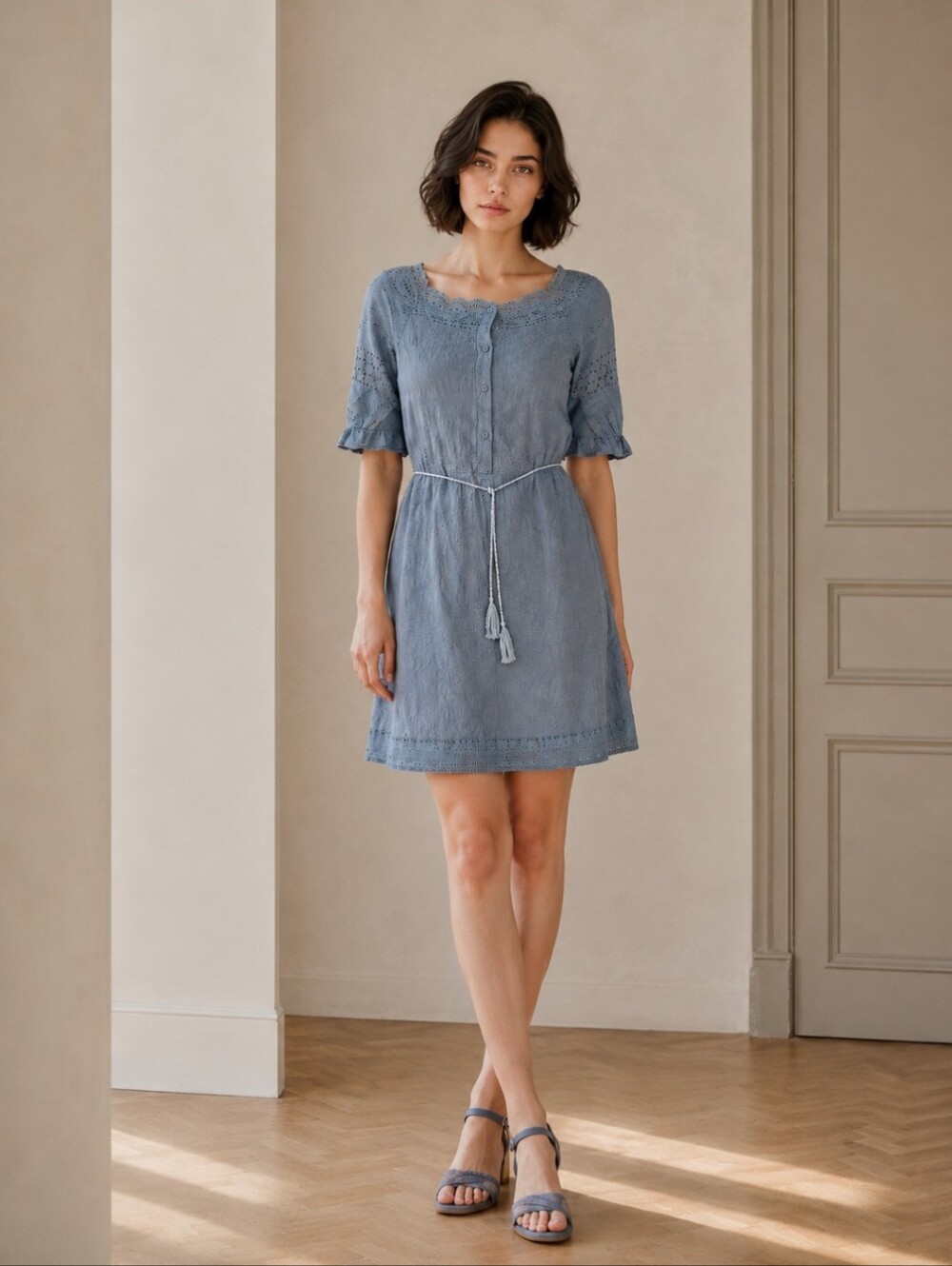 Blue Cotton Lace Embroidered Tassel Waist Dress
